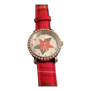 Holiday Silver Tone Stainless Plaid Strap Poinsetta Watch Needs Battery